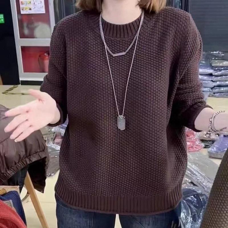 Women's Slim Fit Knitted Sweater: Autumn/Winter Solid Color Fashionable Round Neck, All-Match, Loose Style.