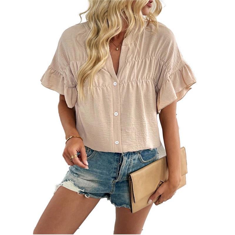 2025 Summer Stand Collar Ruched Top with Ruffle Sleeves for Women