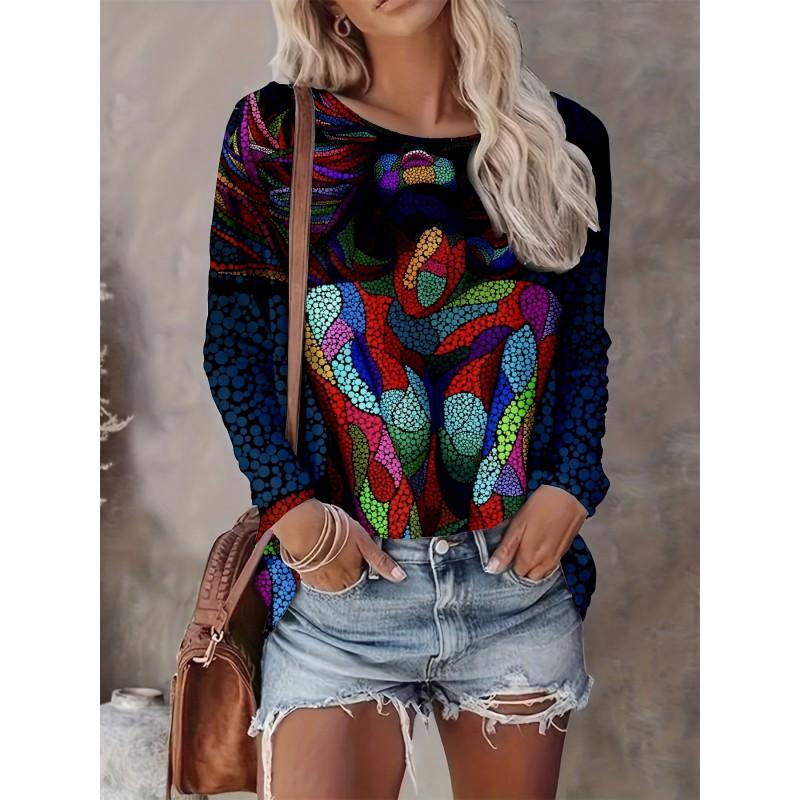 Abstract Tie-Dye 3D Digital Print Loose Fit Womens Crew Neck Long Sleeve T-Shirt Casual Comfort Top