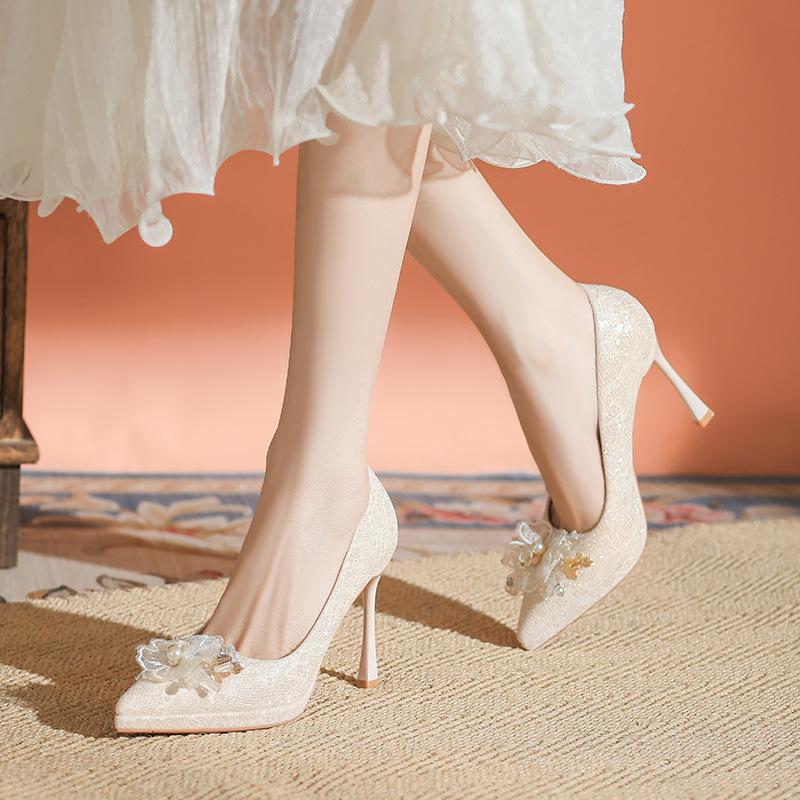 Champagne Fine Flash Waterproof Table High Heels Female Bride Wedding Dress Two Wear Thin Heels Thick Sole Not Tired Feet High Heels