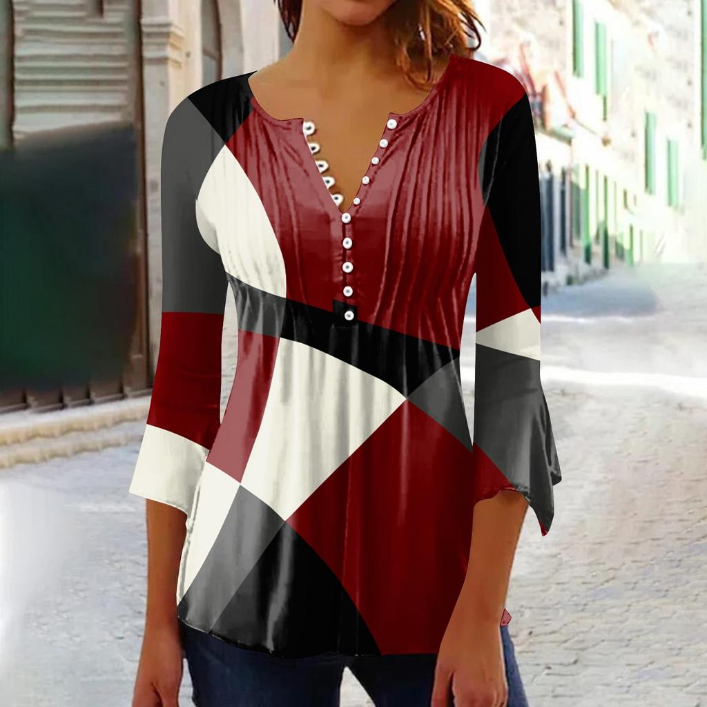 Cămăși cu nasturi pentru femei Tunica cu imprimeu Topuri de vară elegantă casual cu mâneci clopot 3/4 cu decolteu în V Bluze de primăvară