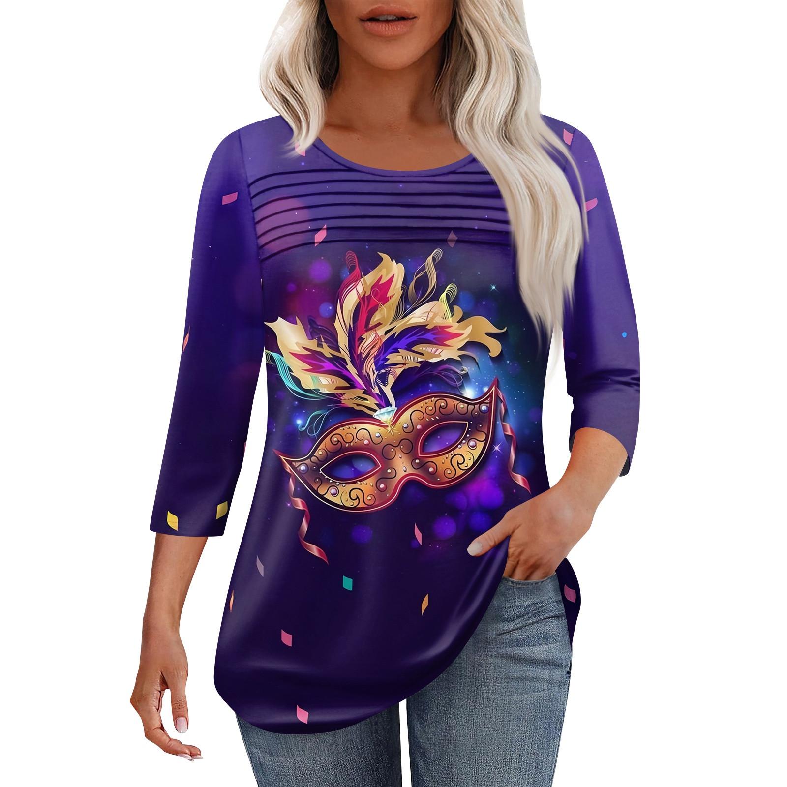 

Женская мода круглый вырез шея плиссированная передняя планка с принтом рукав 3/4 топ XL фиолетовый