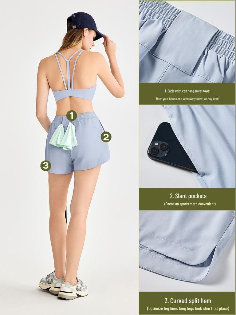 Women's Two-in-One Cooling Sports Shorts with Anti-Exposure Pocket & Back Waist Towel Loop for Yoga & Fitness.