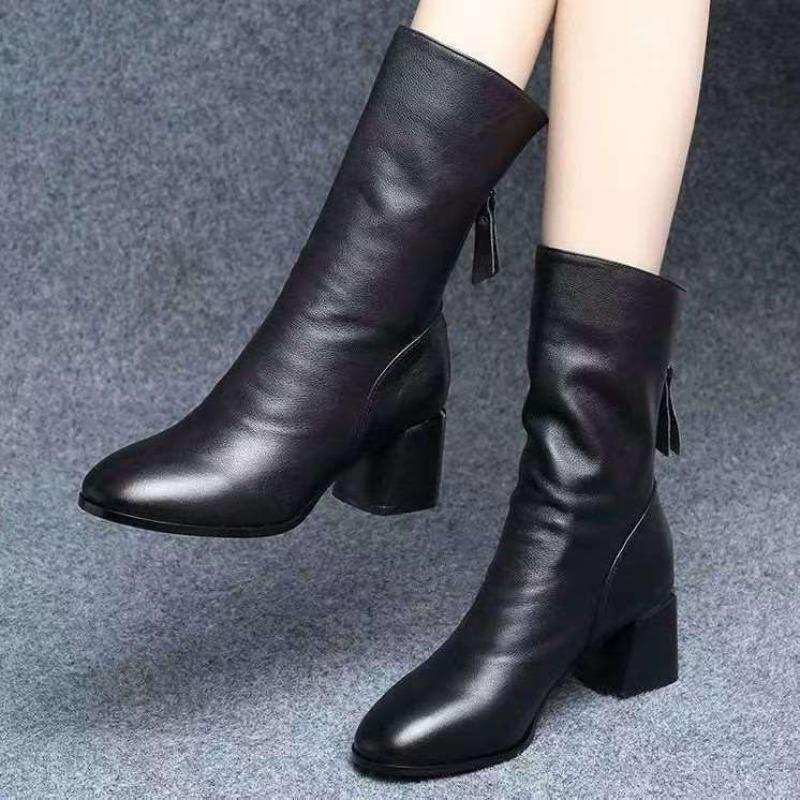 

Coarse heel side zipper women s new soft leather color matching waterproof table women s boots 41 чорний