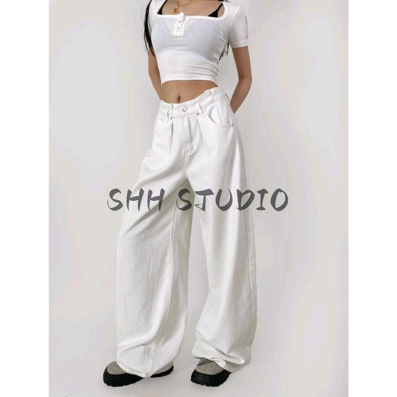 Summer New Product Women's Clothes French Style Casual Style Slim Looking Waist Pinch Pleated High Waist Wide Leg Mop Long Denim