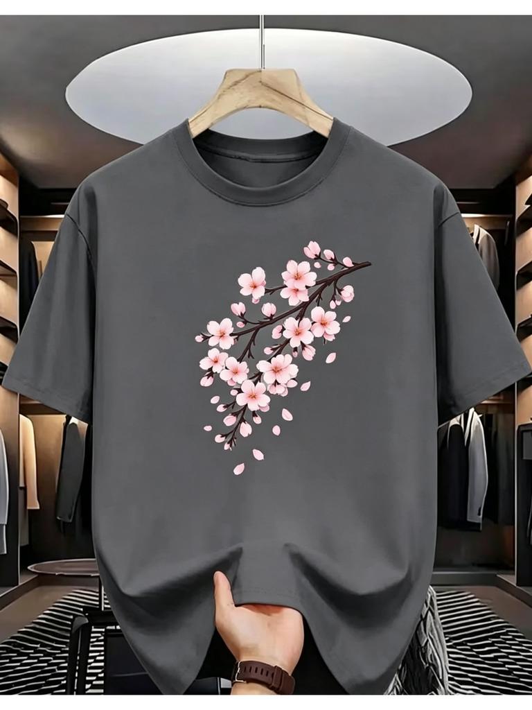 Unisex Navy Crew Neck Tee Cherry Blossom Flower Print Oversized Short Sleeve Unisexs Summer Streetwear Casual Daily Basic Wear Top