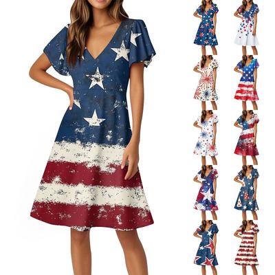 Independence Day Dresses Flared Sleeve Short Sleeve Casual V-Neck Dresses