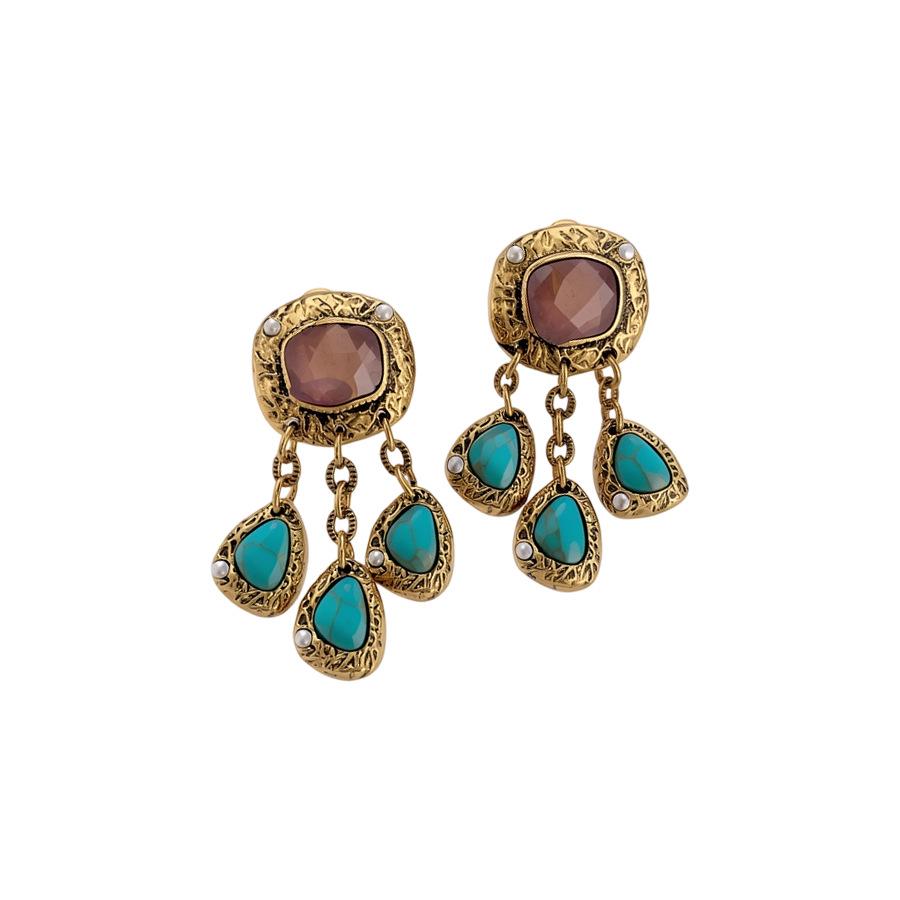 Retro Silver Needle Pearl & Faux Stone Geometric Tassel Earrings