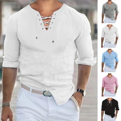 Men Summer T-shirt Solid Color Lace-up V Neck Long Sleeves Vintage Soft Breathable Slim Fit Pullover Mid
