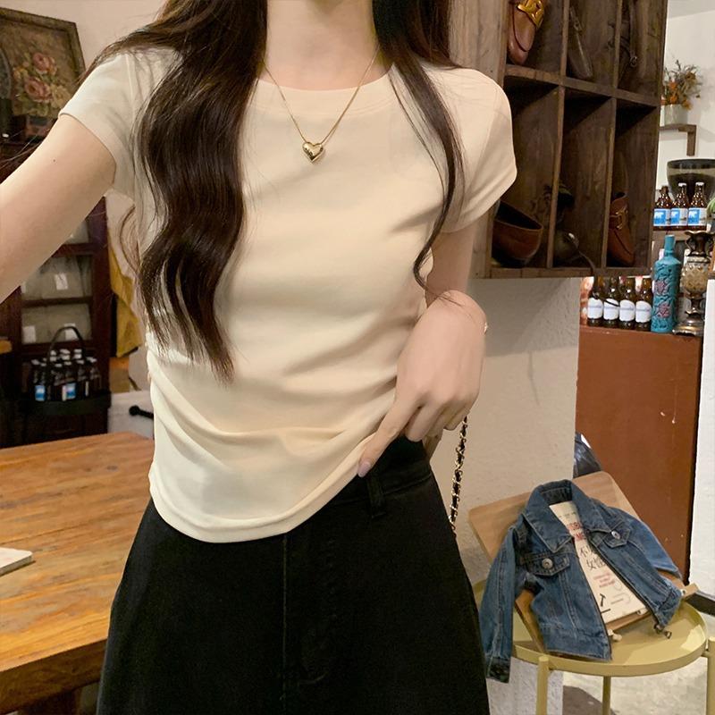 Front Shoulder Crew Neck Short Sleeve T-Shirt Women's Summer Design Sense Waist Skinny Curved Hoop Short Xiaofei Sleeve Slim Top