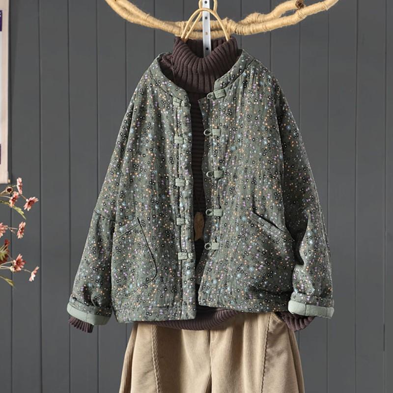 Autumn Winter Women's Cotton Quilted Coats Women Vintage Style Floral Print Female Thick Padded Jackets