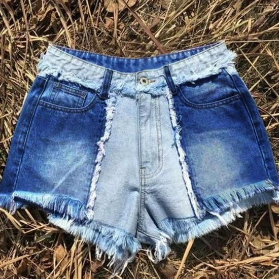 Women s Denim Mid-Waist Patchwork Tassel Shorts Medium темно-синий
