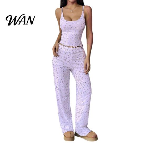 Sweet Floral Lounge Clothes for Weekend Women Pajamas Set with Print, Sleeveless U Neck Lightweight Sleep Sets Vacation Camisole And Pants,