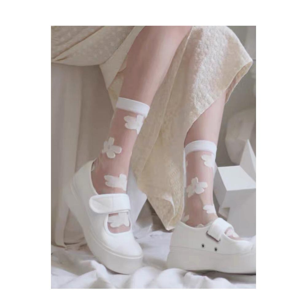 New Korean Version Crystal Silk Ins Hyunya Style Flower Medium Tube Socks Crystal Glass Silk Love Stacking Socks Thin Socks