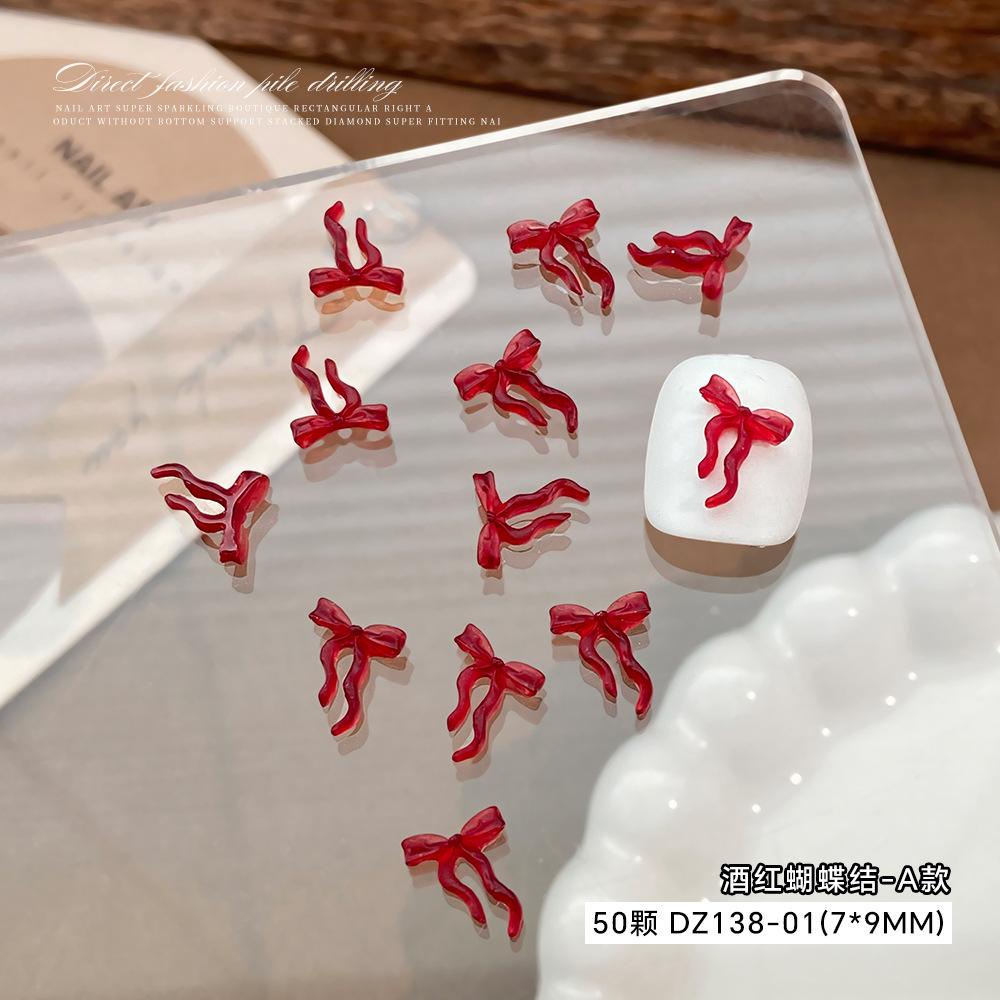 Wine Red Bow Nail Accessories Popular Online Items Solid Color Three-dimensional Hollow Tie Cartoon Resin