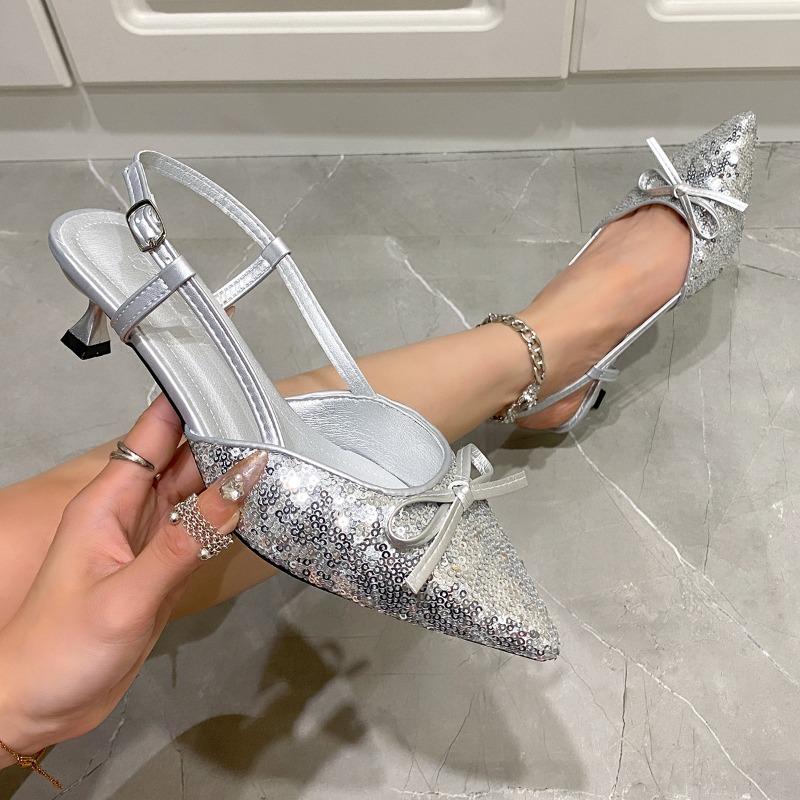 Fashion Bow Women Heeled Sandals High Heels Pointed Toe Slippers Slingback Shoes Summer 2025 New Trend Party Dress Sexy Pumps Mujer