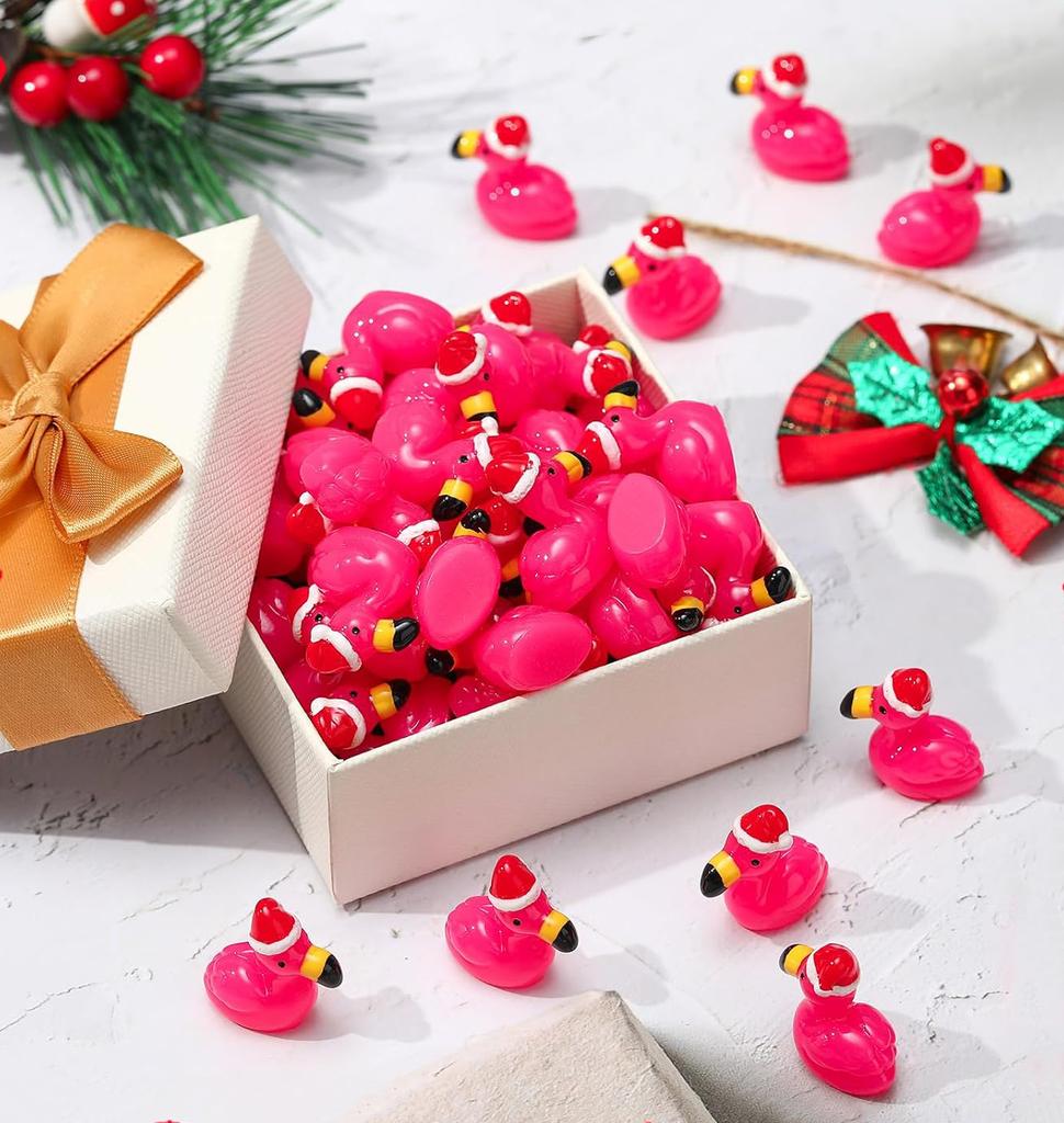 10/20PCS Mini Resin Hot Pink Flamingo with Santa Hat Christmas Xmas Ornaments For DIY Fairy Garden Home Holiday Party Decor Gift