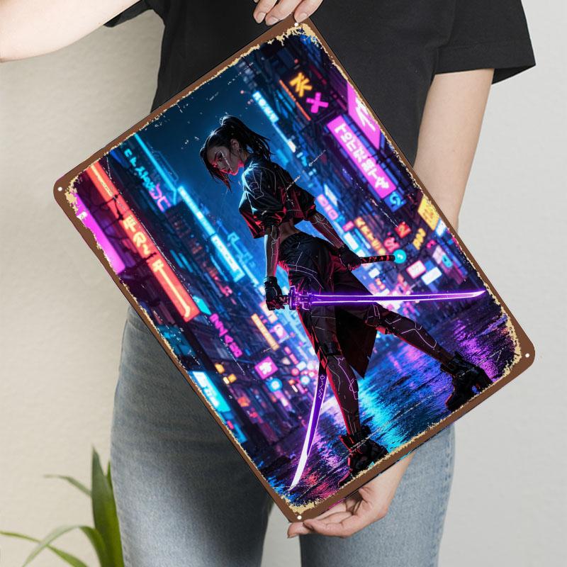 Cyberpunk Krieger Blechschild Neon Poster Dinge für Raumdesign Anpassbare Metallschilder für Zuhause Zimmer Wandkunst Kaffeebar