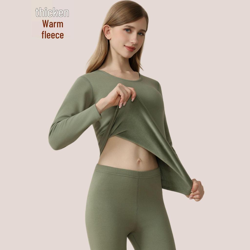 Men's and Women's Fleece-lined Crew Neck Warm Underwear Set: Heat-generating, Cold-proof, Pure Cotton for Autumn.