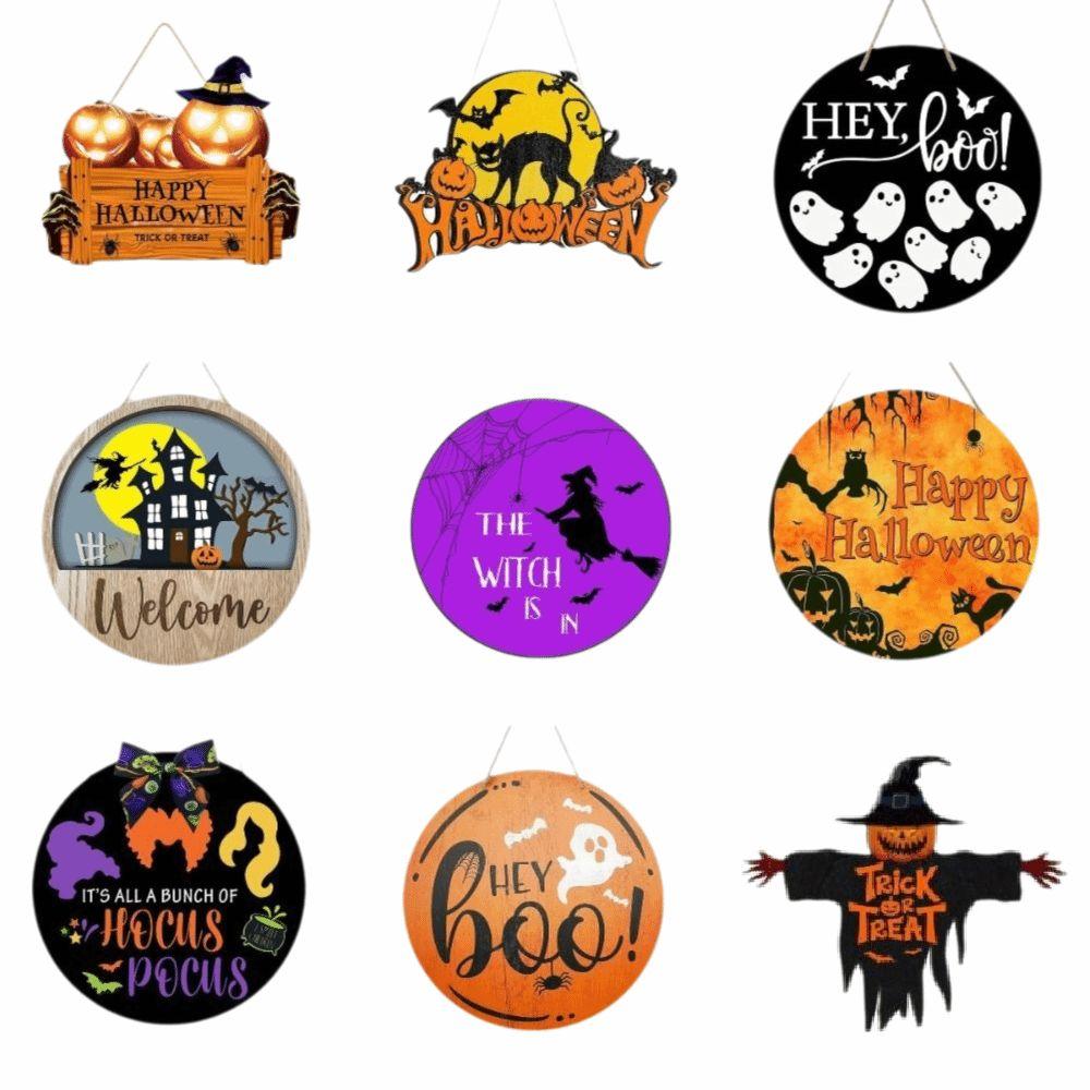 2D Halloween Wooden Sign Spooky Ghost Pumpkin with Rope Halloween Wood Ornament DIY Halloween Welcome Sign Garden Hanging Decor