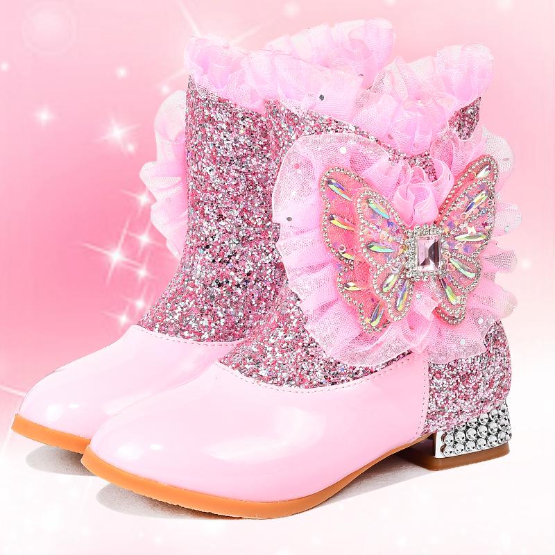 Girls' Plus Velvet Rhinestone Butterfly Boots - Warm Autumn/Winter High-Heeled Short Boots for Kids.
