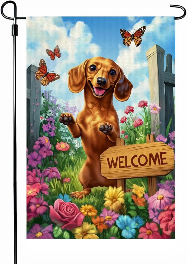 Cute Dachshund Welcome Dog Garden ag, 12 x 18 Inch Burlap Double Side Print, Seasonal Farmhouse Lawn Yard Farmhouse Indoor SSL
