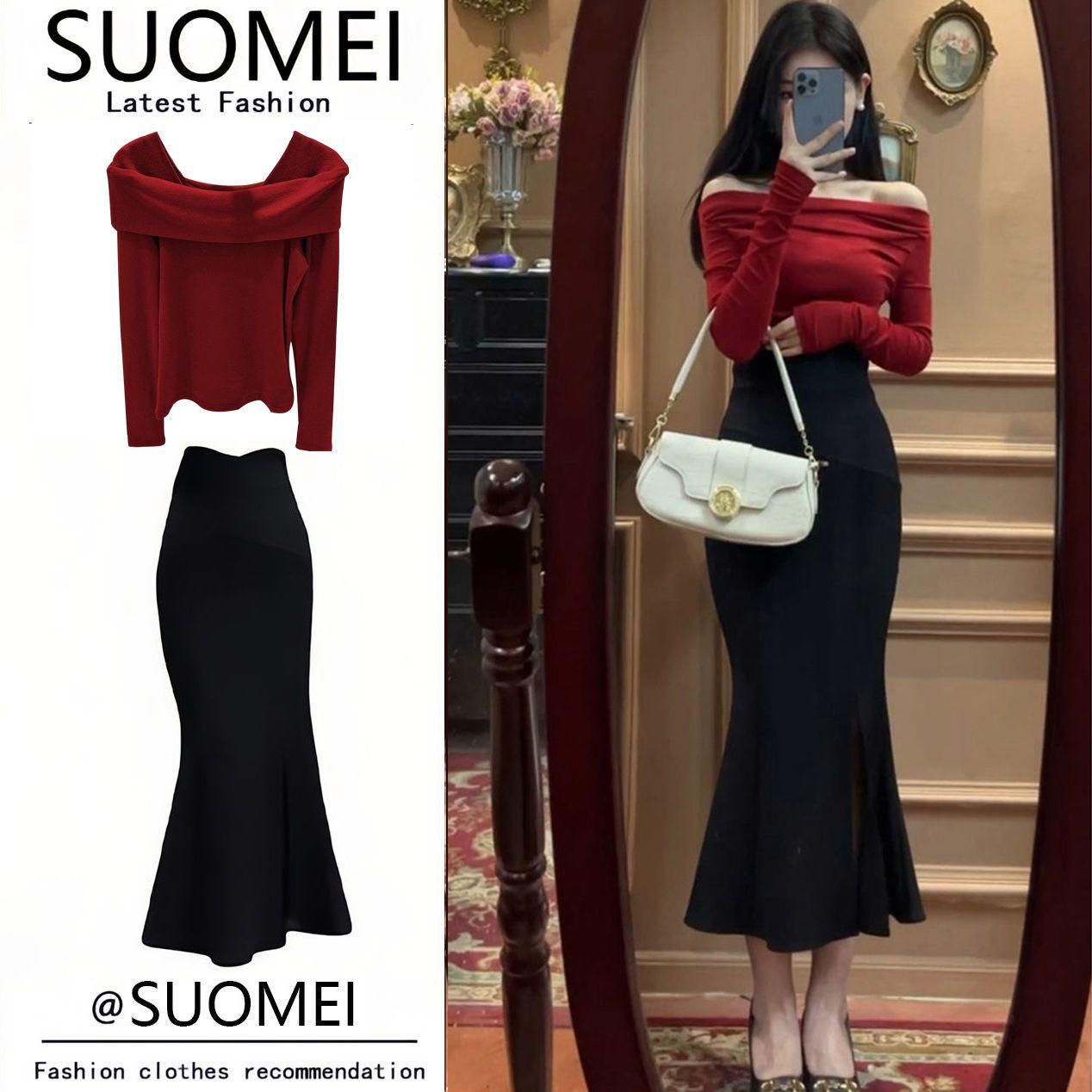 

2024 Women s Salt-Style French Off-Shoulder Two-Piece Autumn/Winter Casual Set XL 54-59 kg