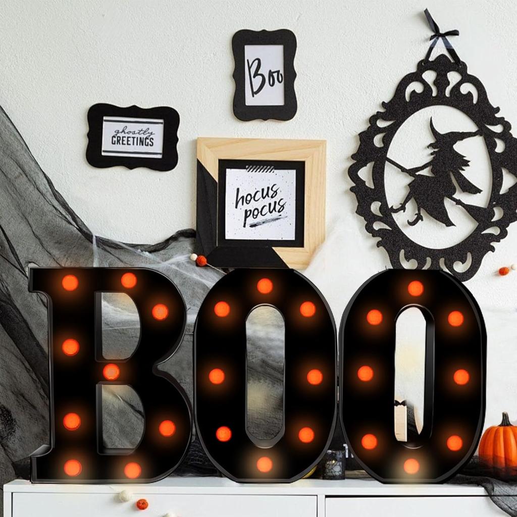 Halloween Decorations Indoor-3 LED Marquee Light Up Letters Black Boo Sign Letter Lights for Home Indoor Kitchen Fireplace Party