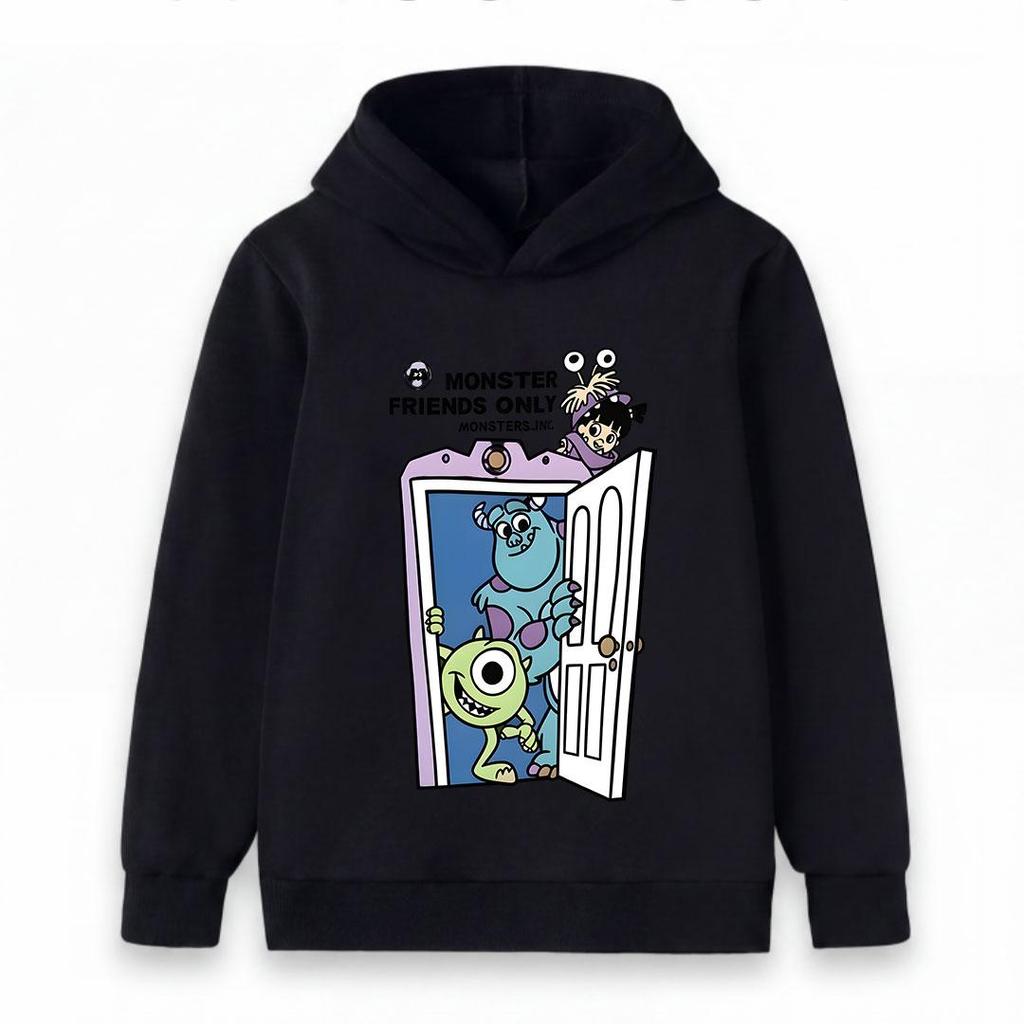 Stylish long sleeve kids hoodie with lovely monster character print, comfortable loose cut, great for school wear and weekend family outdoor trips.