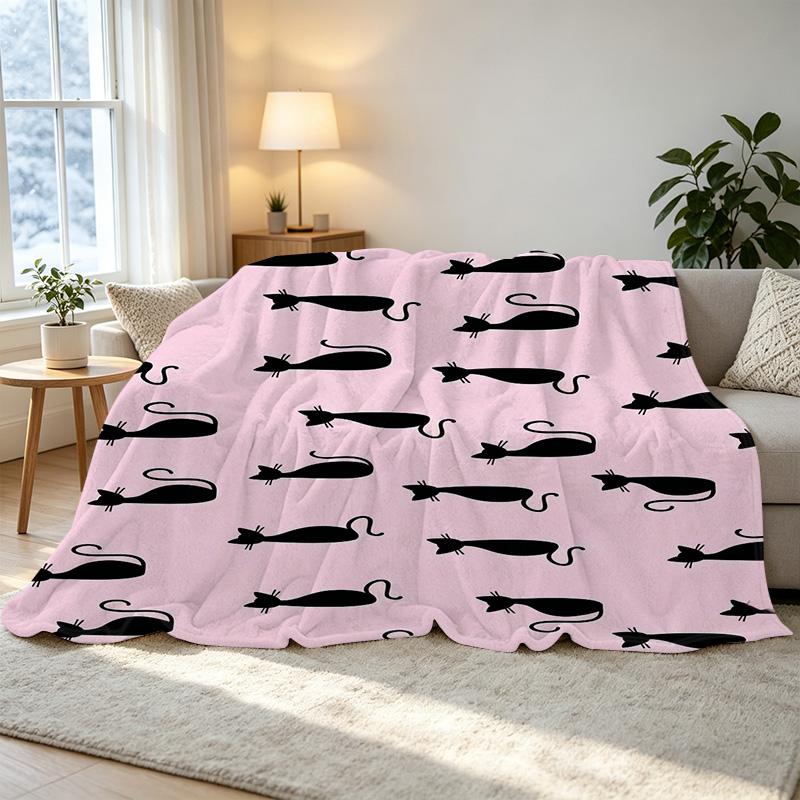 Lightweight Flannel Blanket, Cute Cat Pattern, Soft Skin-Friendly Warm Throw - Portable for Home & Car, Ideal for Halloween, Christmas