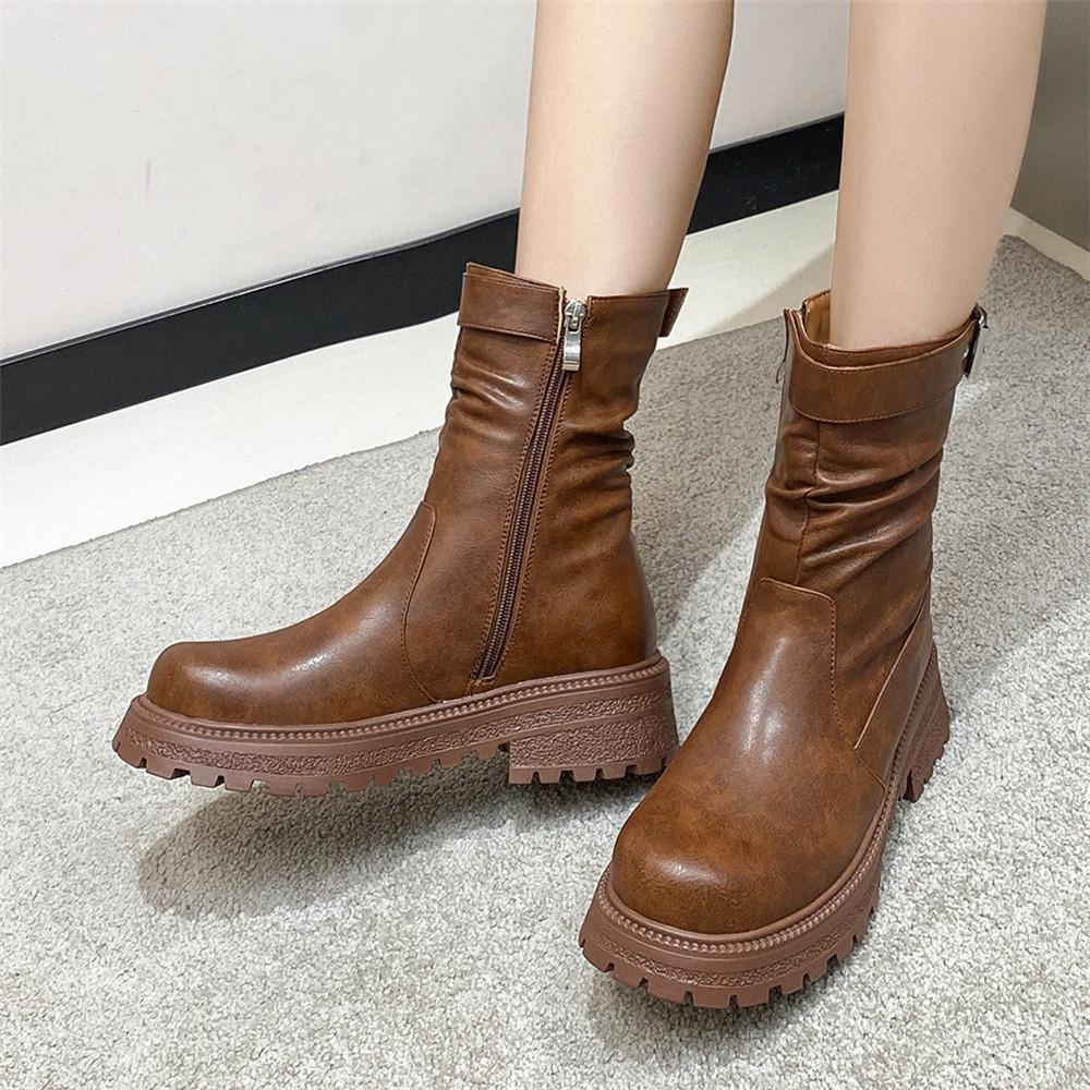 Fashion Women's Platform Chelsea Boots PU Leather New Autumn Winter Fashion Ankle Boots Retro Pleated Marton Boots Ladies Zapatos Mujer