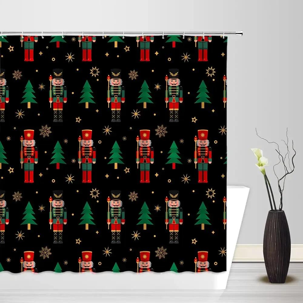 Christmas Nutcracker Shower Curtain, Christmas Tree Snowman Bathroom Curtain Decoration Set With Hook Fabric Christmas Gift