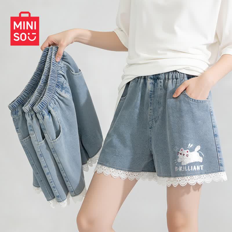 MINISO Girls  Summer Jumping Cat Denim Shorts 130