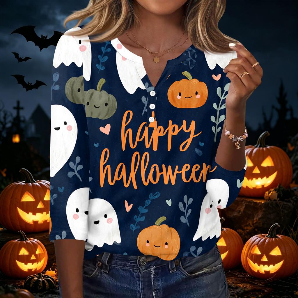 Women's Casual Halloween Print V Neck Button Front Three Quarter Sleeve T Shirt Top Lightweight Soft Fabric Comfortable Fit