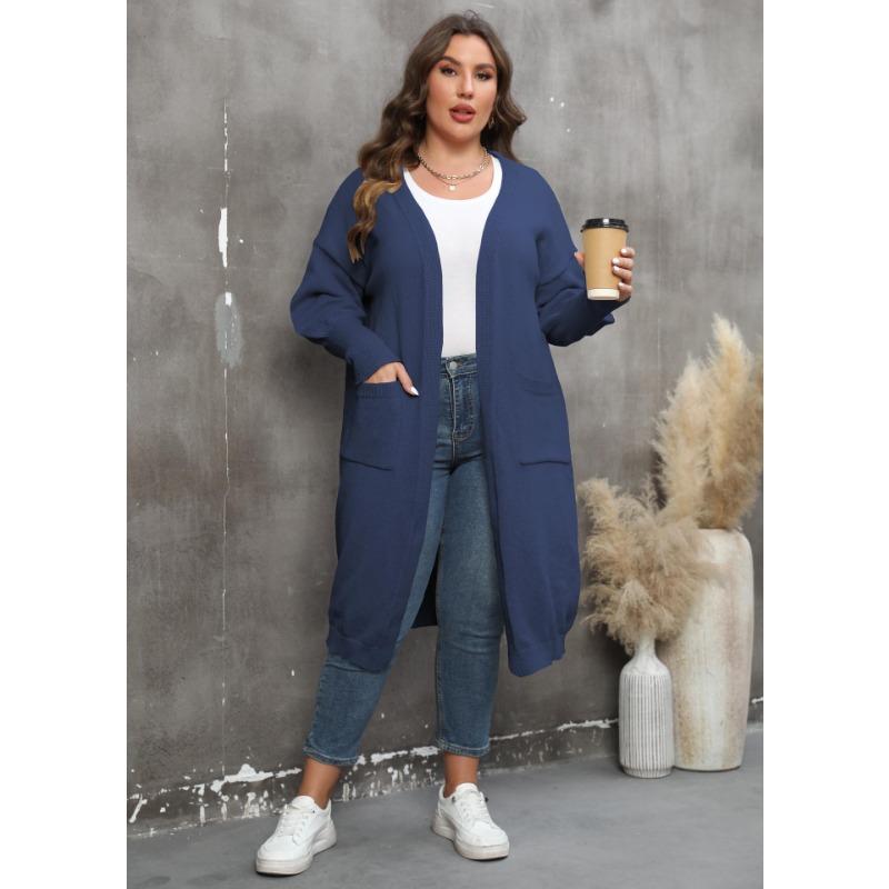 Damen Übergröße Locker Mittellang Laternenärmel V-Ausschnitt Doppeltasche Strick Cardigan Pullover