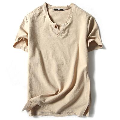 Men's Summer Solid Color Cotton Linen T-shirt Casual Large Size Short Sleeve Buttoned V-neck Short Sleeve