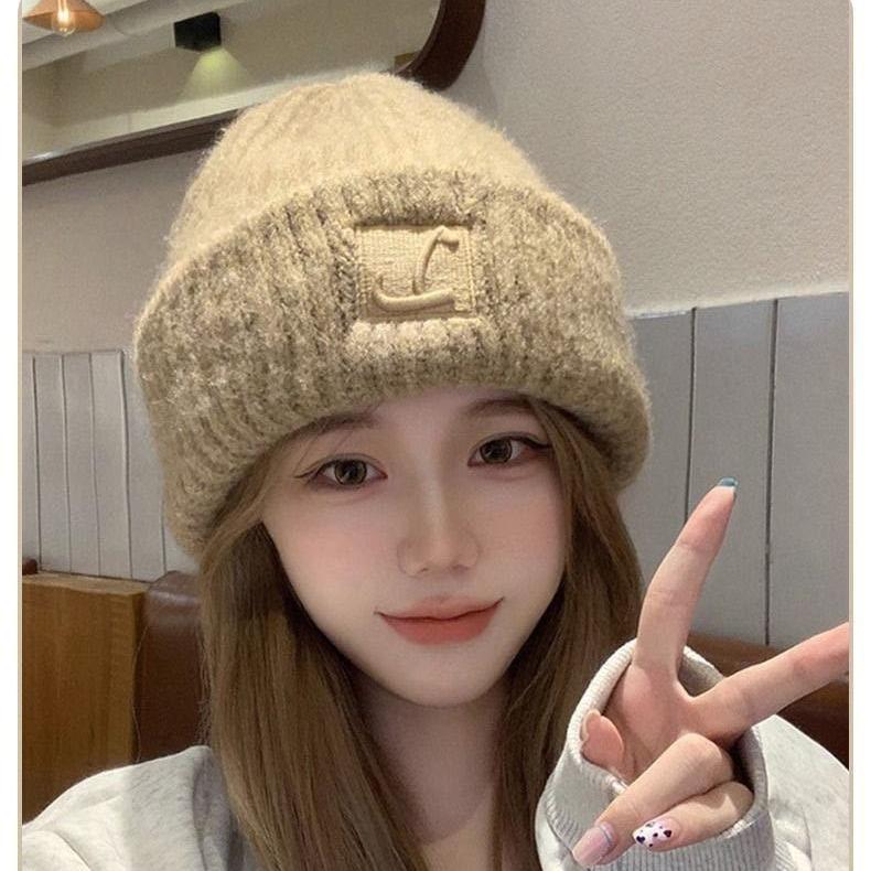 Hat big head wool hat women's season new loose warm pile cold hat big face show face ear protection knitting