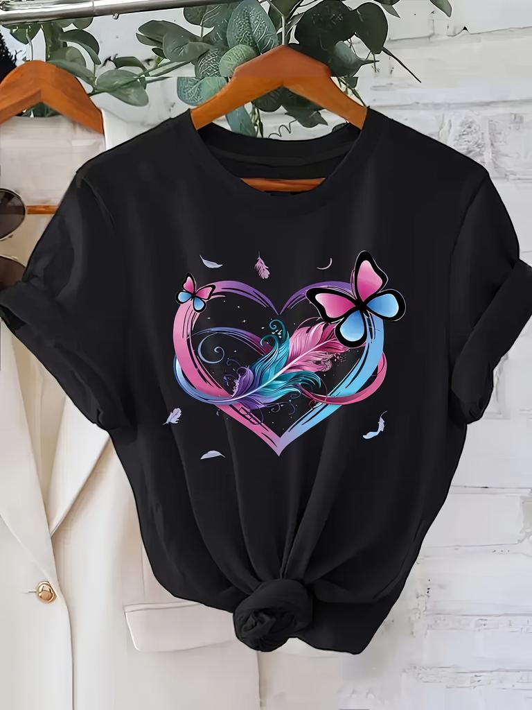 Womens Stylish Graphic Print TShirt Sleeve Crew Neck Vibrant Heart Butterfly Design Fabric Summer Spring Top Aesthetic Clothes