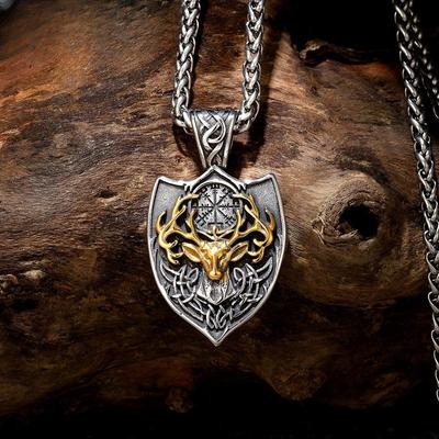 Vikings Reindeer Compass Necklaces Mix Gold Color Norse Runes Shield Pendant Men Vintage Jewelry Gifts