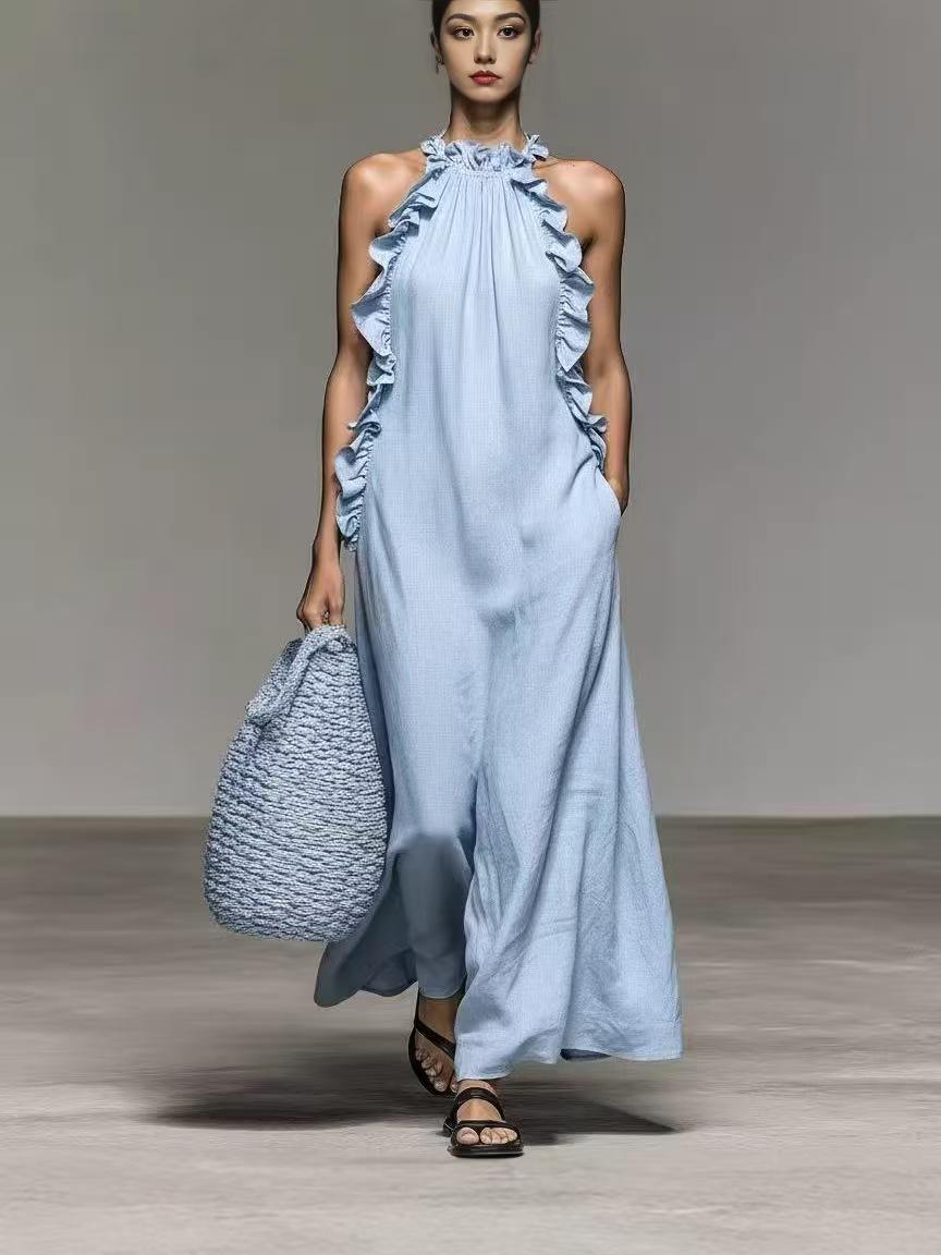 

2026 Summer Halter Neck Ruffle Sleeveless Dress with Pockets M вино красного