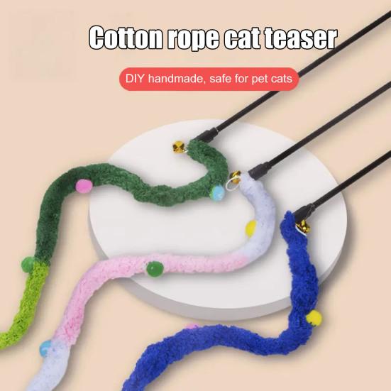 Cat Wand Toy Interactive Cat Teaser with Bell Colorful Pom Poms Plush Tail Cat Teaser Wand for Indoor Cats Kittens