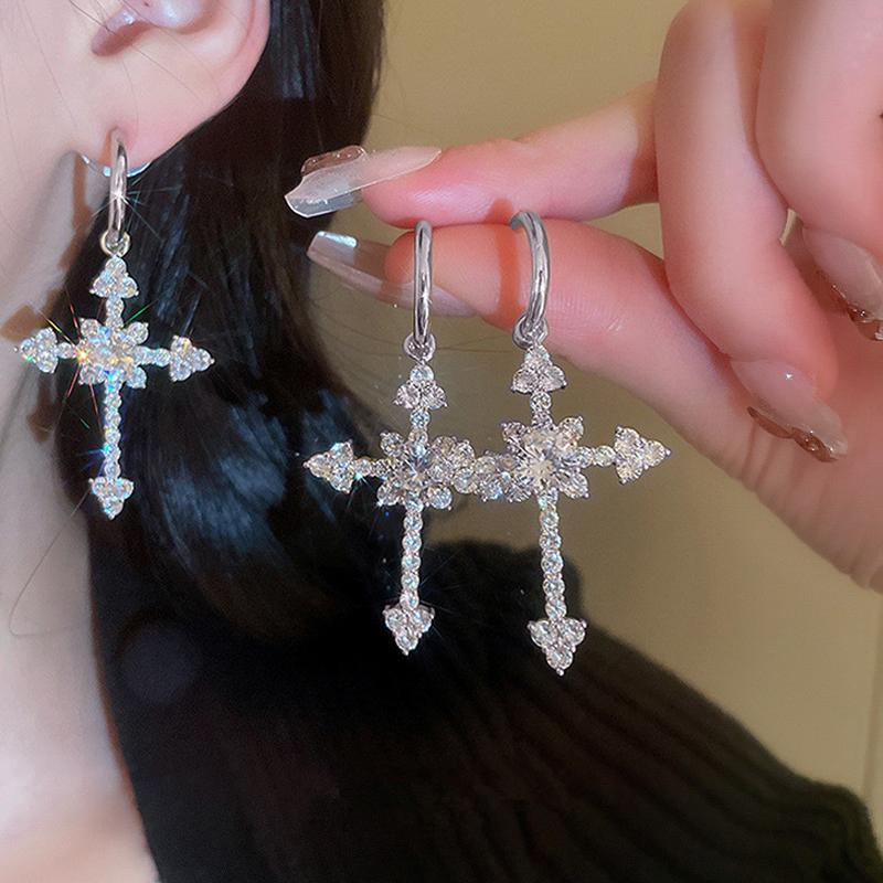 

Huitan Stylish Fashionable Cross Charm Hanging Earrings Full With Brilliant Cubic Zirconia Contemporary Dramatic Statement Female Women Jewelry as picture