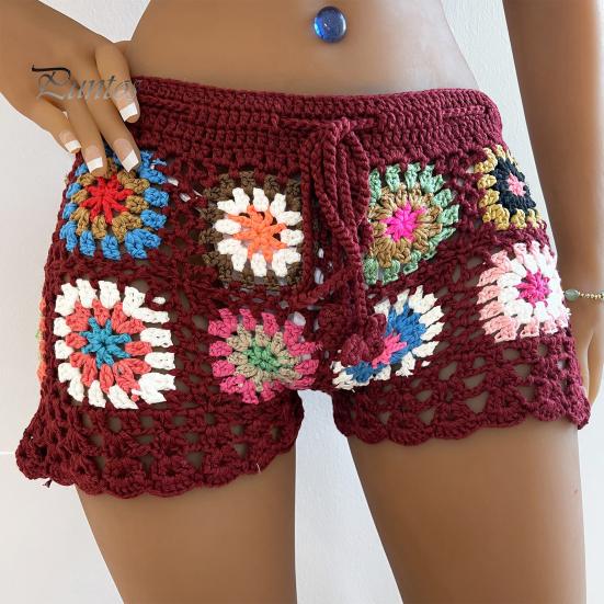 Women Crochet Beach Shorts Hollow Out Colorful Print Super Short Drawstring Elastic Waist High Waist Slim Fit Vacation Bikini Shorts