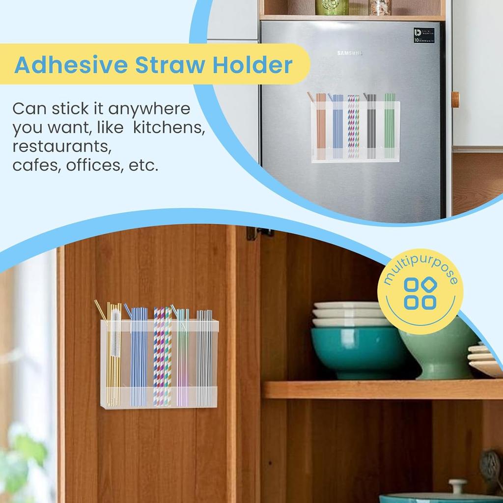 Acrylic Straw Holder for Cabinet, Reusable Straw Organizer with Double Sided Adhesive Tape Tumbler Straws Storage Container for Cupboard Drinking