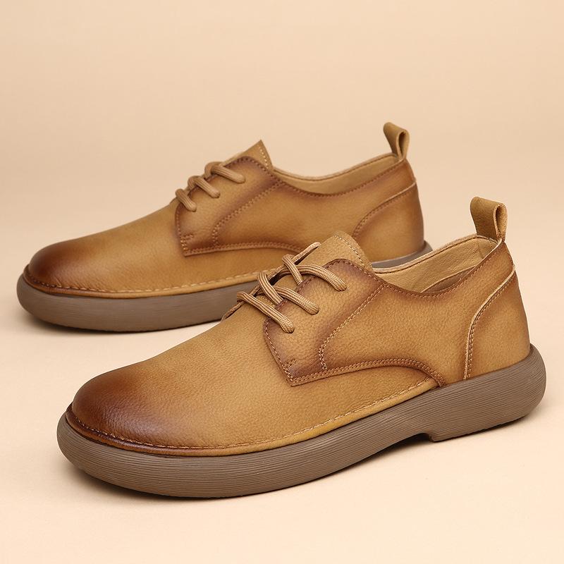 Men's Shoes Spring New Wide Head Genuine Leather Men's Shoes Breathable Trendy Retro Casual Leather Shoes Men
