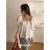 Women's White Square Neck Puff Sleeve Ruffled Hem Chiffon Blouse With Thin Strap Decoration