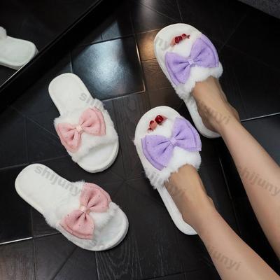 Damen Plüsch Hausschuhe 2025 Herbst Winter Mode Schleife Zuhause Baumwollhausschuhe Leicht Bequem Weiche Sohle Rutschfest Ballerinas