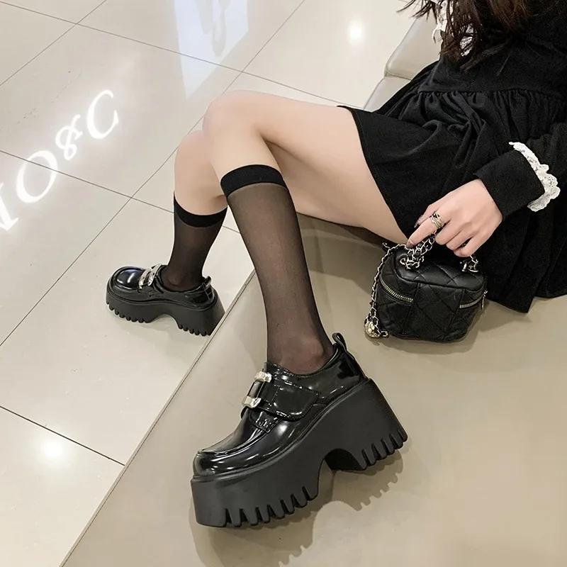 Pantofi de damă la modă cu platformă înaltă, pantofi casual cu pană de toamnă, toc de 8 cm, pantofi din piele impermeabili, adidași cu talpă groasă pentru femei