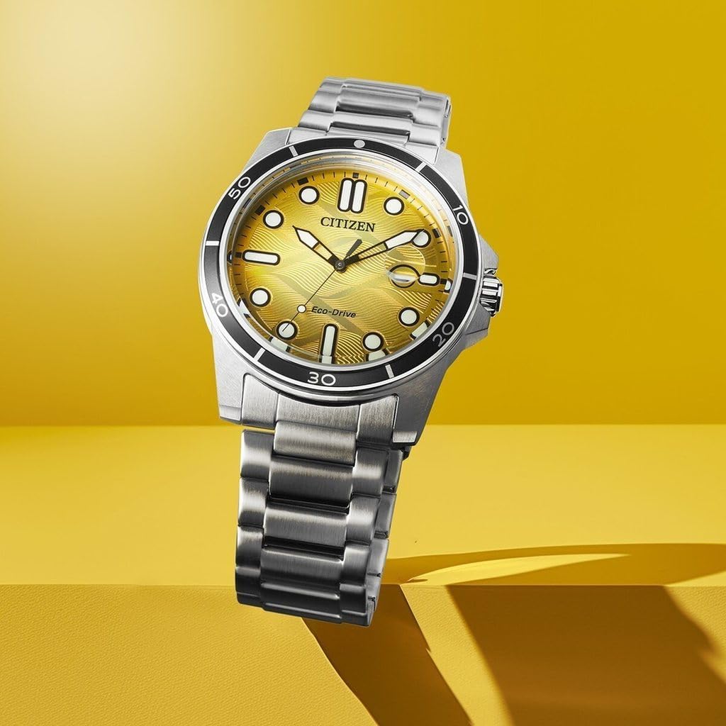 Citizen Stainless Steel Marine 1810 Yellow Dial Analog Watch Modern Eco-Drive Men's Aw1816-89X,