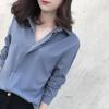 V-neck Chiffon Shirt Women's Long-sleeved Loose Pullover Shirts Korean Style Temperament Solid Color Double Layer Collar Shirt Blue White Casual Shirt